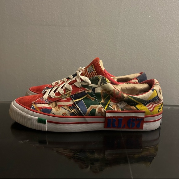 Polo Ralph Lauren Shoes Men 10.5 Red Sayer Chariots Of Fire Stadium Low Top AOP